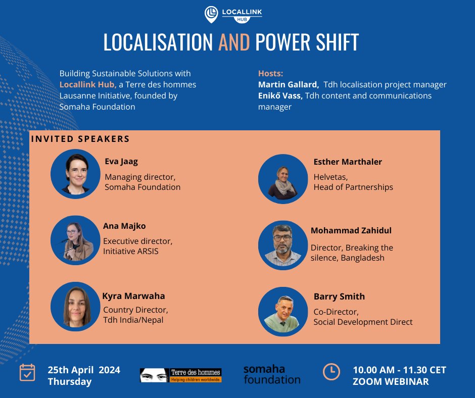 🚀Webinar: Localisation and power shift 📅25 April @tdh_org is launching LocalLink Hub, an innovative platform to empower local communities and enhance collaboration with local and national actors worldwide. 📝 Register now! buff.ly/3VuWMrE #LocalLinkHub #Localization