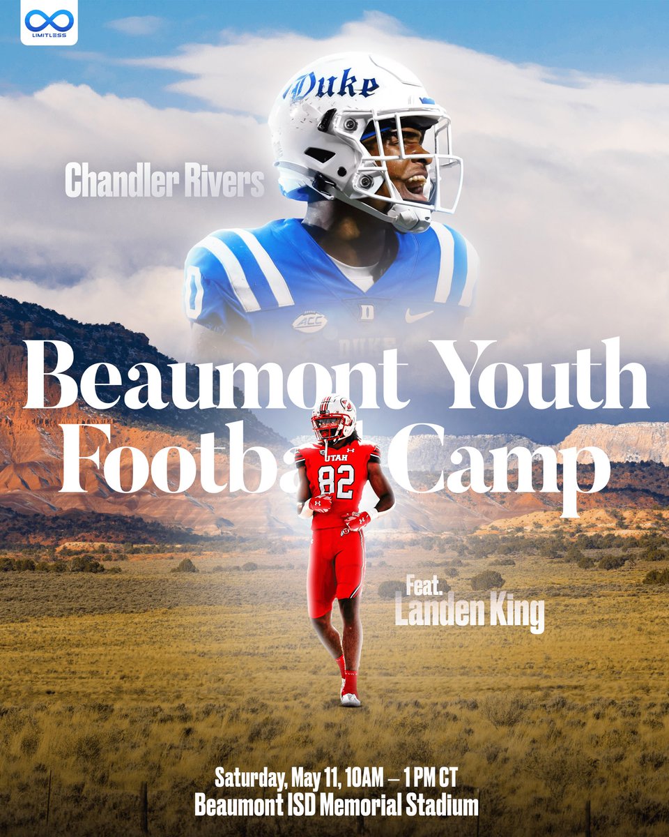 Duke CB @_ChandlerRivers & Utah TE @Landen_King3 are headed home to TX to host the Beaumont Youth Football Camp this May📍 This camp is designed for ages 8 - 17! Register ➞ limitless.com/camps