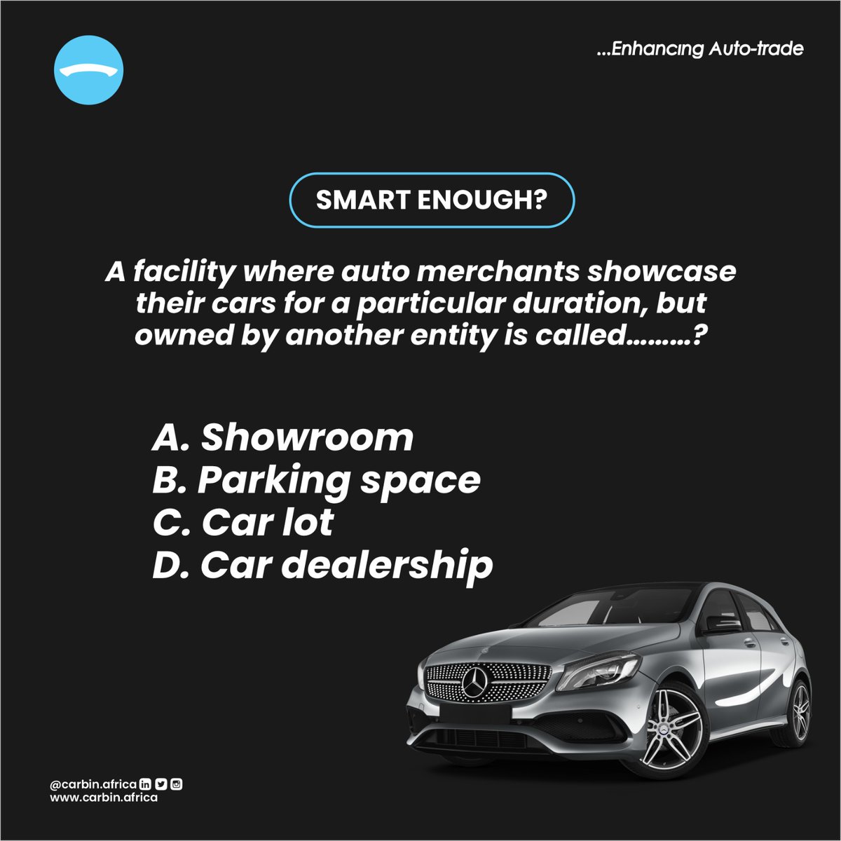 It's question time! 

What’s the name for a place where auto merchants showcase their cars, but it’s not owned by them?🤔

Tag 3 of friends to follow us when you answer, who knows, we just may be rewarding you! 

#AutoShowcase #CarExpo #RetailRevolution #ParkNSell #CarbinAfrica