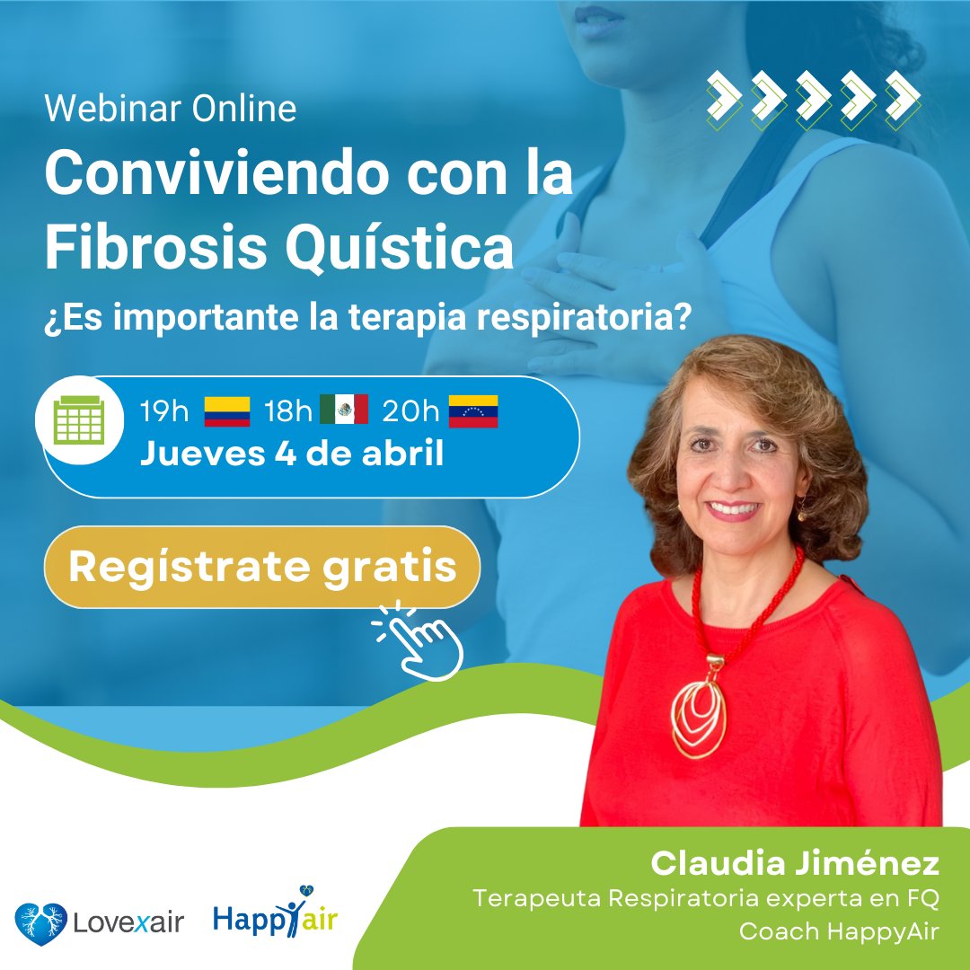 HOY 📣 ¿Tienes fibrosis quística? Únete al webinar gratuito “Conviviendo con la FQ: ¿Es importante la terapia respiratoria?” con Claudia Jiménez, Coach #HappyAir y Terapeuta Respiratoria. ⏰18 h 🇲🇽 | 19 h🇨🇴 | 20 h🇻🇪 | 21 h 🇦🇷 ¡Inscríbete gratis! bit.ly/WebinarFQAbril