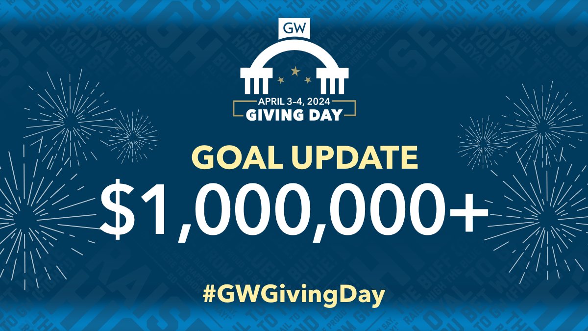 We just passed $1 million in total donations - more than #GWGivingDay 2023! Thank you to everyone who has donated so far. Your support ensures that our students have the resources they need to succeed. Let's keep it going! Make your gift ➡️ givecampus.com/9qn0b4