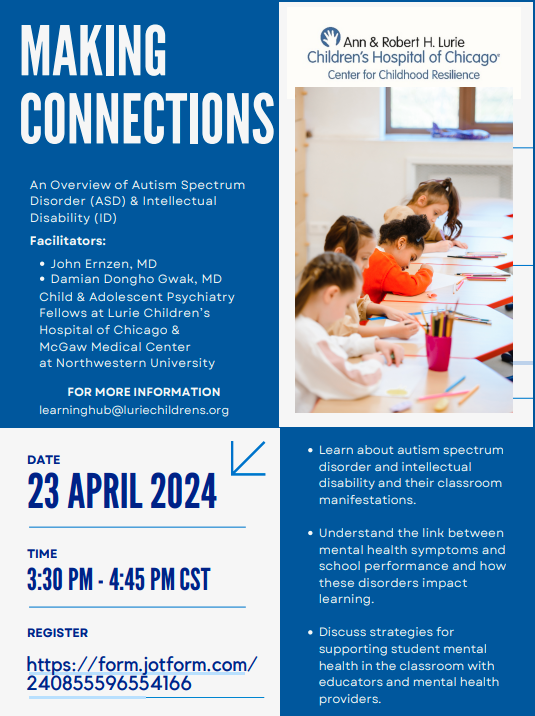 One CEU or PDH available for attending: Making Connections on Autism Spectrum Disorder and Intellectual Disability happening April 23rd. Head to form.jotform.com/240855596554166 to sign up to attend! #Area2SELHub @LurieChildrens @AllisonPierson4