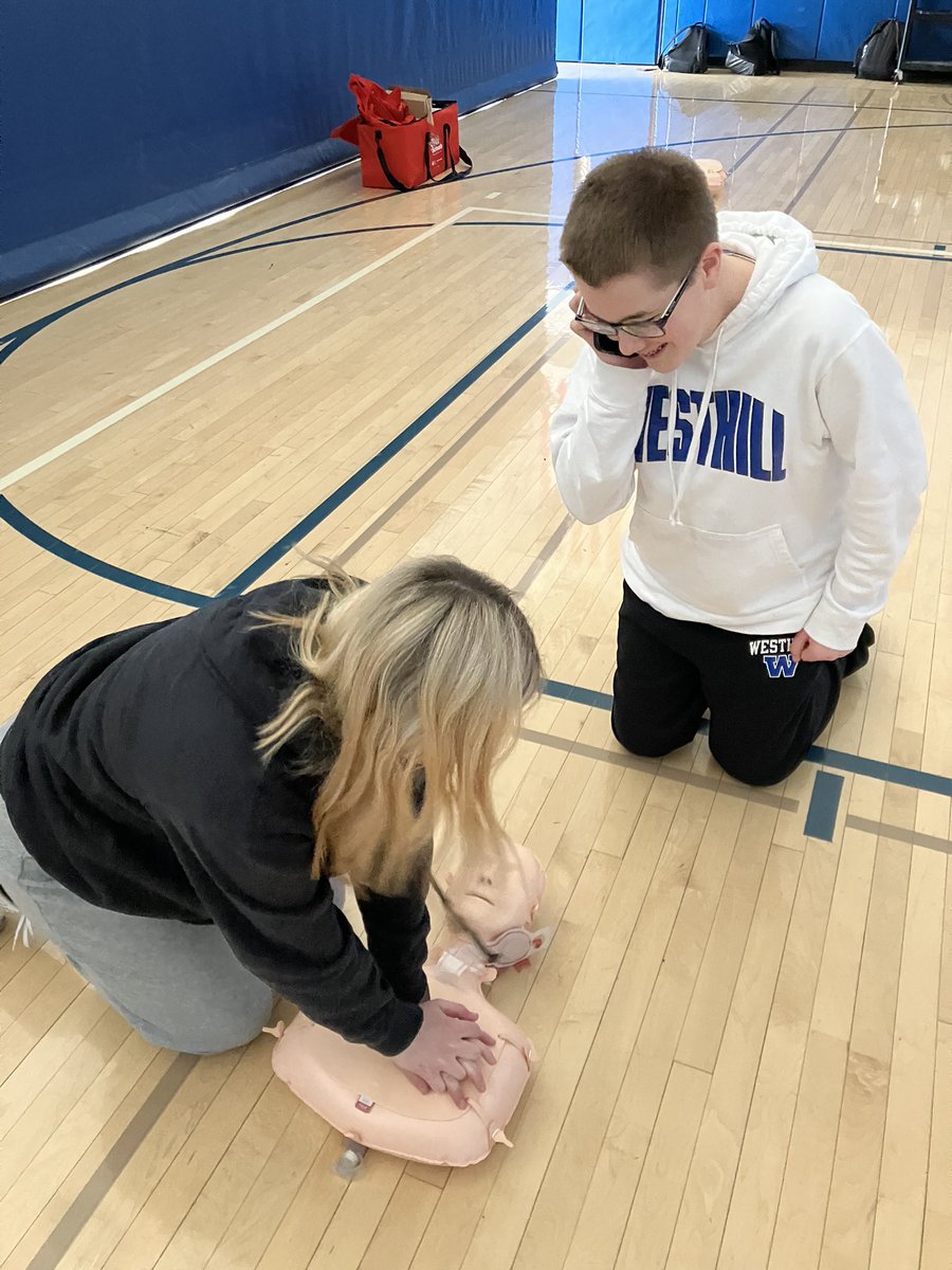 WHS students are learning life-saving CPR techniques in PhysEd today! Of course our @WesthillPhysEd staff have picked “Stayin’ Alive” by The Bee Gees for accompaniment music!