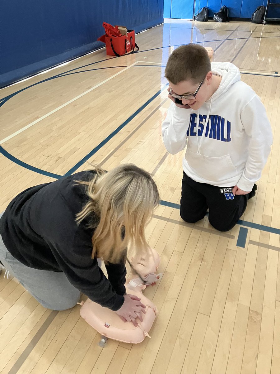 WHS students are learning life-saving CPR techniques in PhysEd today! Of course our <a href="/WesthillPhysEd/">Westhill PE</a> staff have picked “Stayin’ Alive” by The Bee Gees for accompaniment music!