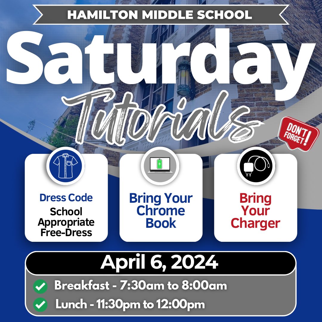 REMINDER: AHMS scholars and families, come out to Saturday Tutorials!! 🗓️April 6, 2024 ⌚️7:30am to 11:30am ➡️ 6th, 7th and 8th Grade #HamiltonMiddleSchool @petecarter3 @MrsAgnew18 @HISDCentral @JobsonMath @BluiettLucretia @MrsAguasTweets @TeamHISD @HoustonISD