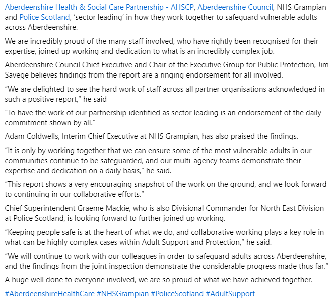 Aberdeenshire Health & Social Care Partnership, Aberdeenshire Council, NHS Grampian, and Police Scotland, ‘sector leading’ in how they work together to safeguard vulnerable adults across #Aberdeenshire. #AberdeenshireHealthCare #NHSGrampian #PoliceScotland #AdultSupport