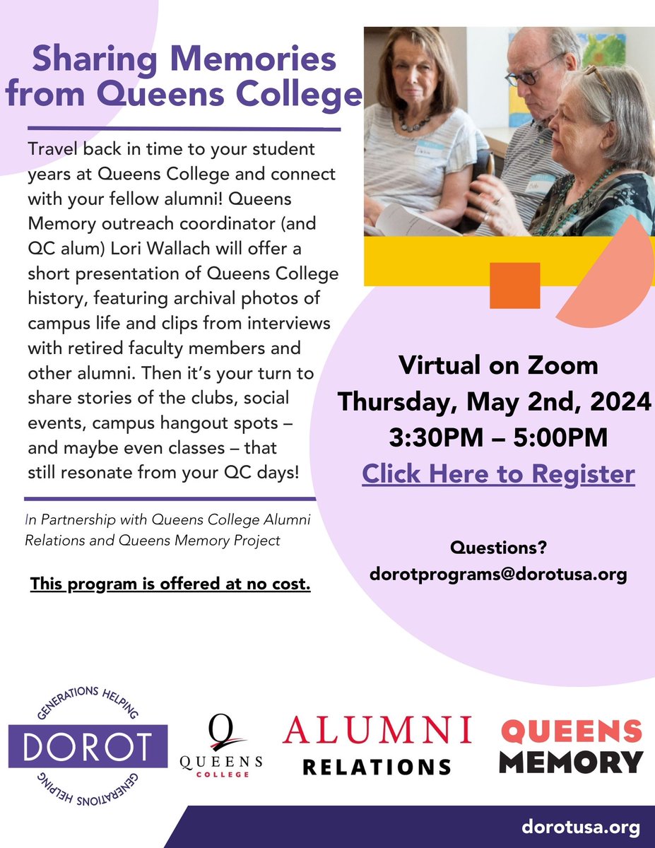 Step into the past with DOROT and the Queens Memory Project! 🎓✨ Join us on Thursday, May 2nd, from 3:30 to 5 PM as we journey back to your student years at Queens College and reunite with fellow alumni. 🕰️🌟RSVP: bit.ly/DOROT-QCMemory… #QueensCollege #QCAlumni #cuny