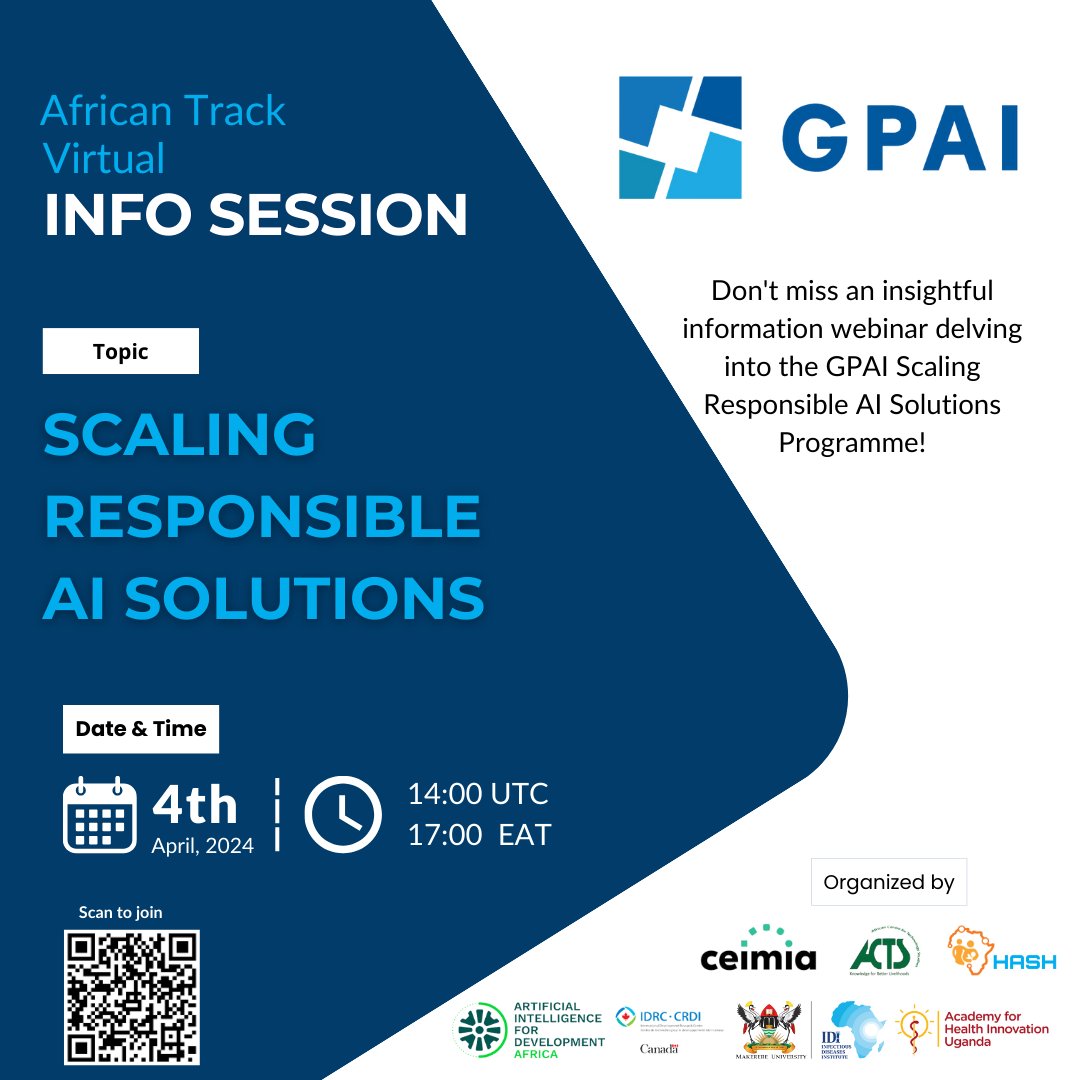 #HappeningNow We are starting the webinar exploring the 2024 GPAI Scaling Responsible AI Solutions Programme. Discover opportunities for innovators in scalable, responsible AI solutions. To be part: bit.ly/GPAI_Info_Sess… Time: 17:00hrs EAT Don't miss out!