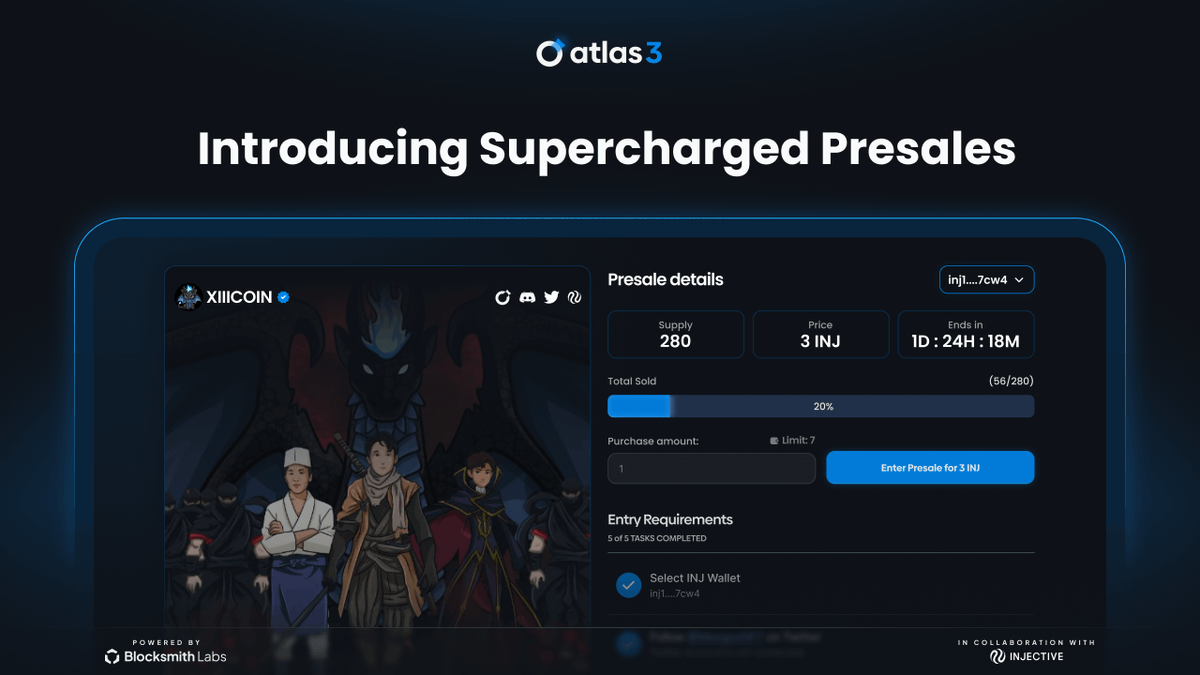 1/ Introducing: Atlas3's Supercharged presale system - on @injective.🥷🏼 A fully on-chain, permissionless presale system with direct access to over 8500 communities across 30 chains. Read more about the new era of Web3 presales. 👇