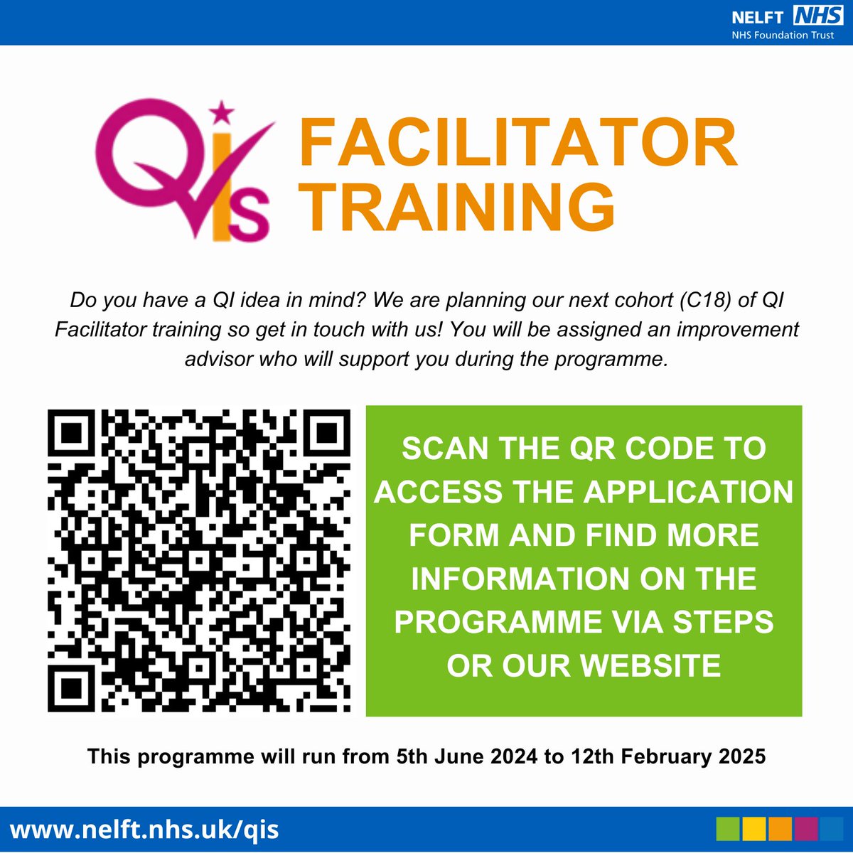 .@nelftqis are nearing the deadline for their #QualityImprovement Facilitator programme applications. After an amazing response from the previous cohorts, this training is very popular amongst our colleagues. For more info view nelft.nhs.uk/qi-training💡