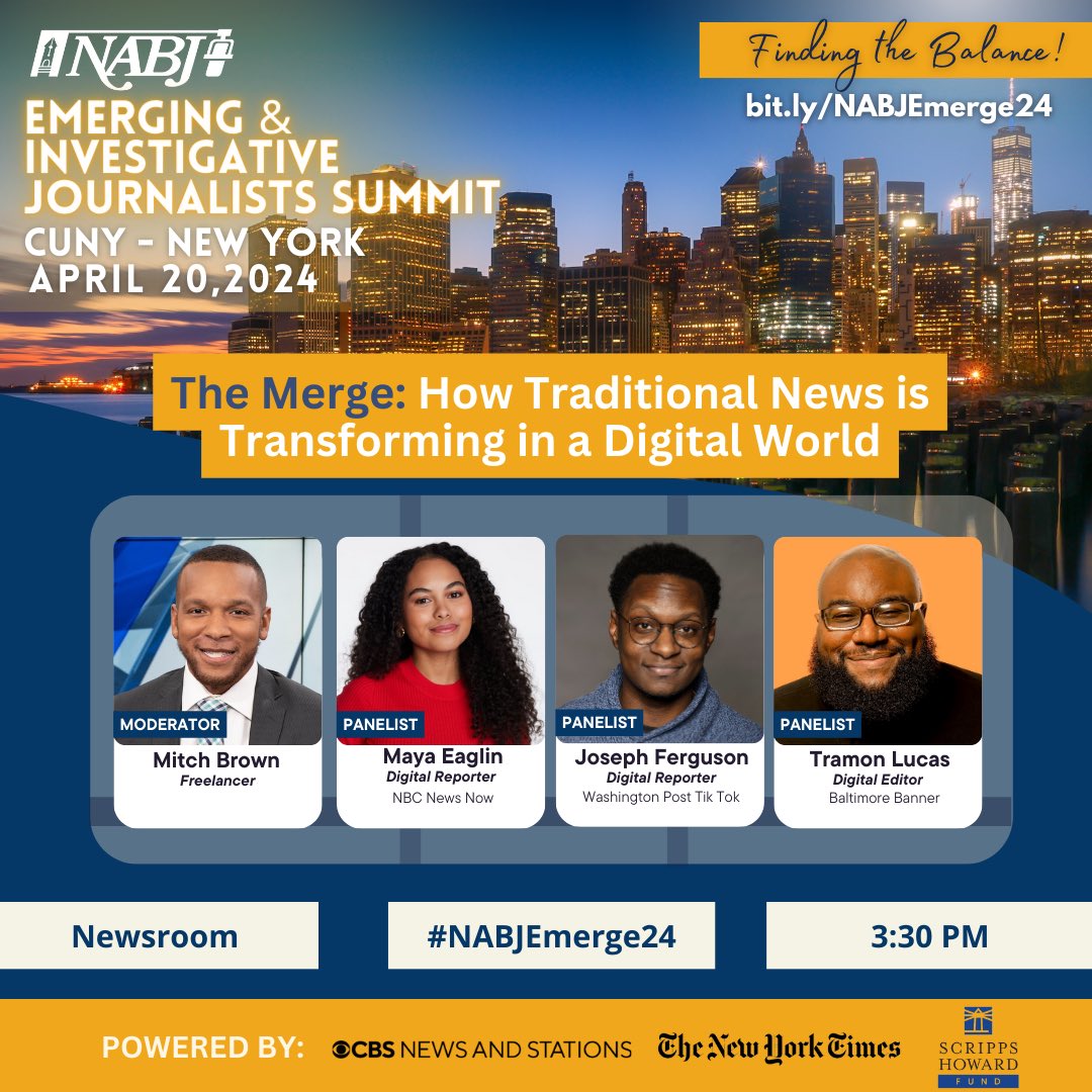 Later this month, I’ll be at the @NABJ Emerging & Investigative Journalists Summit @CUNY in NYC on 4/20! I’ll be on this panel: “The Merge: How Traditional News is Transforming in a Digital World” Summit registration: nabjonline.org/event/nabjemer… #NABJEmerge24 #NABJ