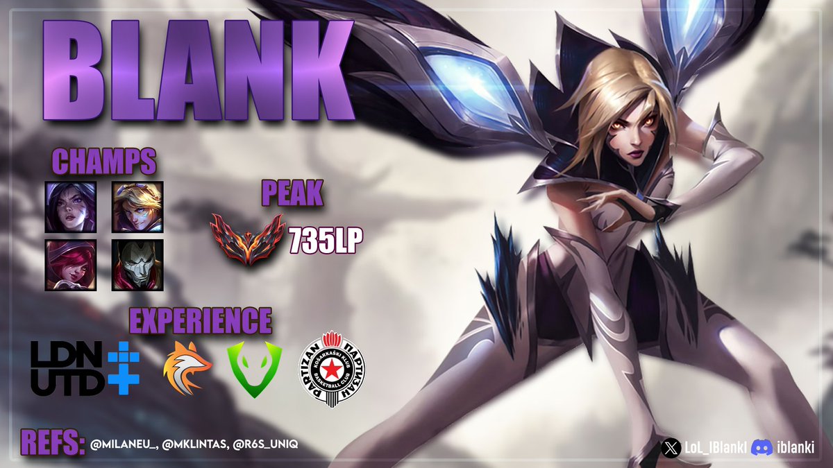I Blank I (@lol_iblanki) on Twitter photo After a split in LPLOL with <a href="/KeypulseEsports/">Keypulse Esports</a> , I have been allowed to explore options. Motivated to keep grinding and competing.
5th place finish in LPLOL Spring
735 LP GM peak
NLC residency
References:
<a href="/MKlintas/">Malio Klintas</a>
<a href="/MilanEU_/">Miilan</a>
<a href="/r6s_uniq/">Uniq🇲🇦</a>
Likes and retweets appreciated ❤️ After a split in LPLOL with <a href="/KeypulseEsports/">Keypulse Esports</a> , I have been allowed to explore options. Motivated to keep grinding and competing.
5th place finish in LPLOL Spring
735 LP GM peak
NLC residency
References:
<a href="/MKlintas/">Malio Klintas</a>
<a href="/MilanEU_/">Miilan</a>
<a href="/r6s_uniq/">Uniq🇲🇦</a>
Likes and retweets appreciated ❤️
