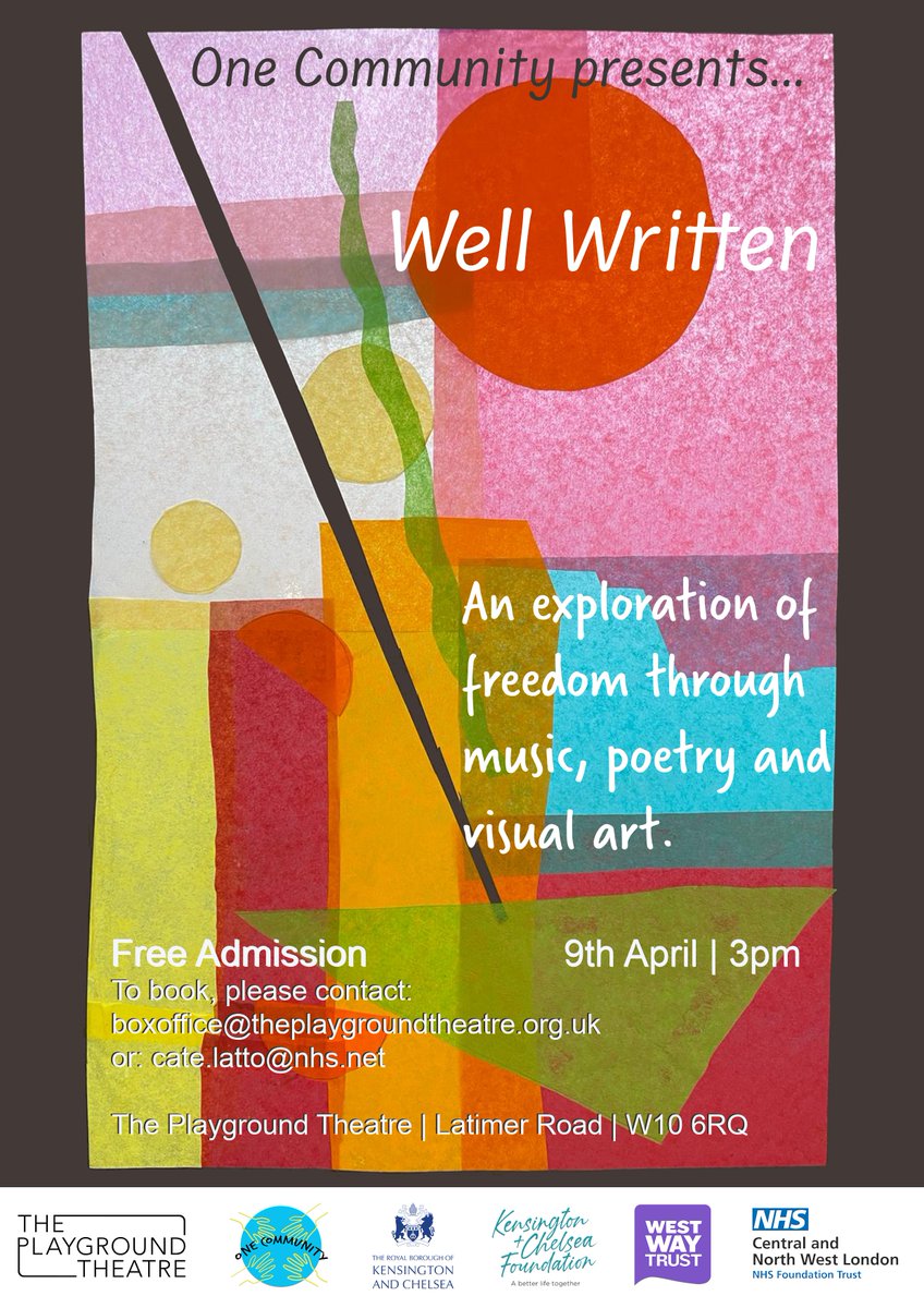 Join @1CommunityCNWL for their next Well Written performance - an exploration of freedom through music, poetry and visual art, at @PlaygroundW10 on Tuesday 9 April at 3pm. Tell your friends and enjoy an afternoon of tremendous creativity!