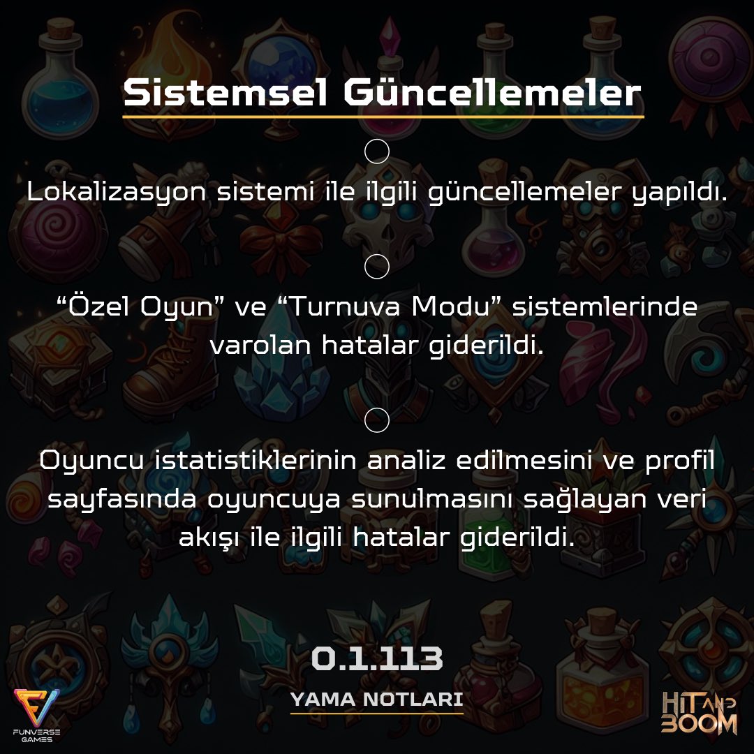 Versiyon 0.1.113 yayında! 👊💥 Hit and Boom Açık Beta süreci tüm hızıyla devam ediyor. Oyuncularımızın geri bildirimlerine göre daha birçok güncelleme üzerinde çalışmaya devam ediyoruz. 👨‍💻
.
.
.
#hitandboom #moba #battleroyale
