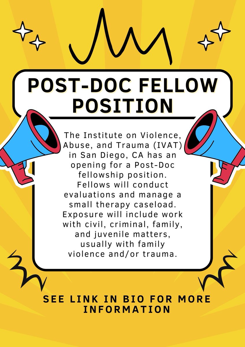 Open Post-Doc Fellow Position at The Institute on Violence, Abuse, and Trauma in San Diego, CA! See linktr.ee/apls_sc for details.