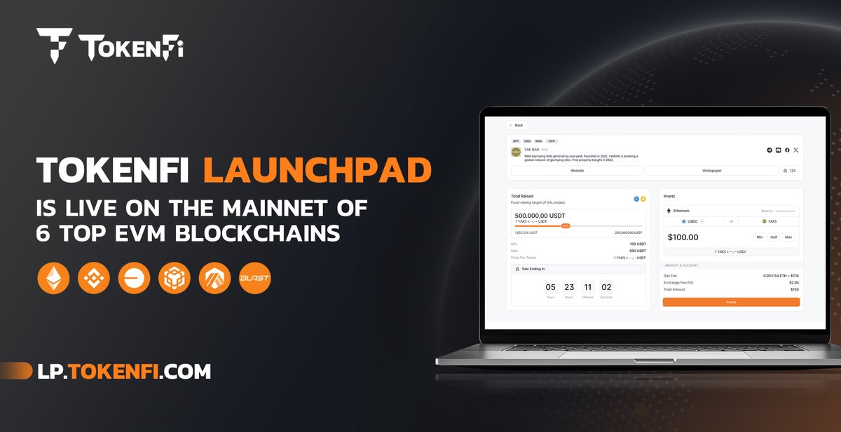 TokenFi Launchpad is officially LIVE on the mainnet of 6 top EVM blockchains! New blockchains include: Ethereum, Base, BNB, opBNB, and Blast. TokenFi Launchpad originally went live on Arbitrum mainnet last week, where the first project that did a token sale via the launchpad…