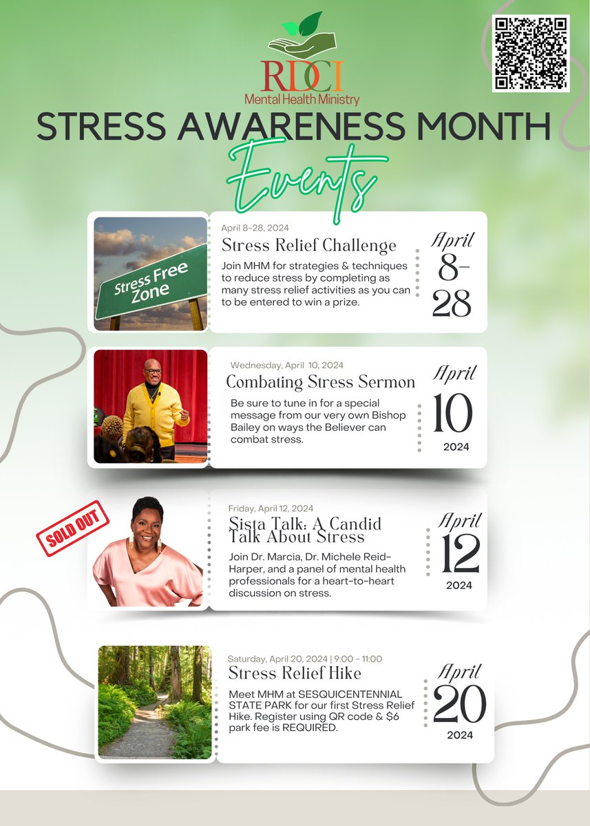 April is Stress Awareness Month and our Mental Health Ministry is inviting you to tag along while we learn ways to reduce stress and anxiety! Use the QR code to register for our free challenge for a chance to win a prize!