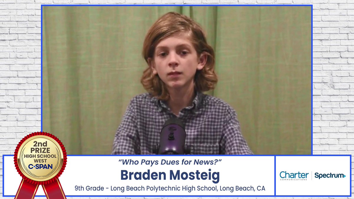 Congratulations to 9th grader Braden Mosteig from Long Beach Polytechnic High School in California who won 2nd Prize for his documentary about the news media business, 'Who Pays Dues for News?' It airs today on C-SPAN and you can watch it here: studentcam.org/2024-2ndPrize-…