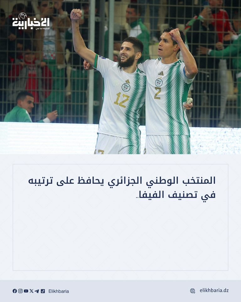 تصنيف #الفيفا @FIFAcom: #المنتخب_الوطني_الجزائري @LesVerts يحافظ على ترتيبه

🌐 التفاصيل: tinyurl.com/2zd3hhsv