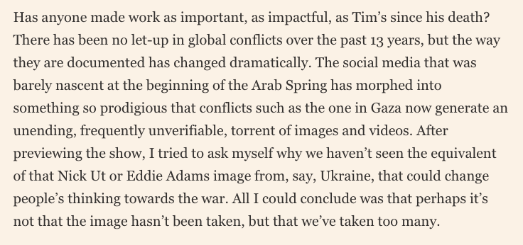 Incredible piece from @joshklustig in @FTMag about the great conflict photographer Tim Hetherington. This paragraph stands out ft.com/content/46f683…