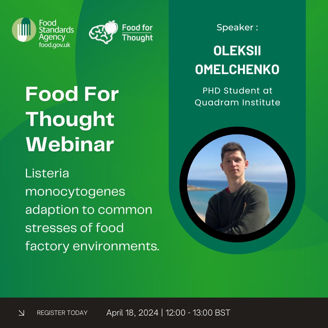 Join us for an enlightening webinar! Our speaker, Oleksii Omelchenko, PhD student @TheQuadram, will discuss the research on Lm's resilience against common disinfectants & biofilm formation. 🗓 April 18, 12PM–1PM BST 📍events.teams.microsoft.com/event/07a35763… #FoodSafety #FoodIndustry #webinar