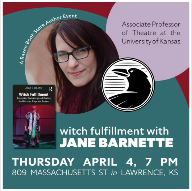 🚨Tonight at 7!📕 Join us & Prof. Jane Barnette @ravenbookstore in Downtown Lawrence. Her newest book, 'Witch Fulfillment: Adaptation Dramaturgy & Casting the Witch for Stage & Screen,' examines the influence of witches in popular culture, including WANDAVISION's Scarlet Witch.