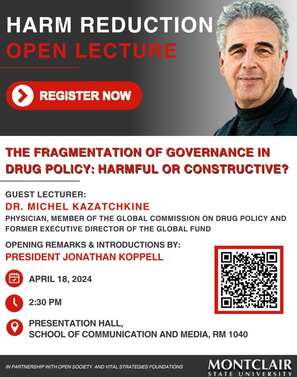 Hey, friends and colleagues in New Jersey! @Kazatchkine of the @globalcdp will be at @montclairstateu later this month. Join us for an interesting conversation on drug policy