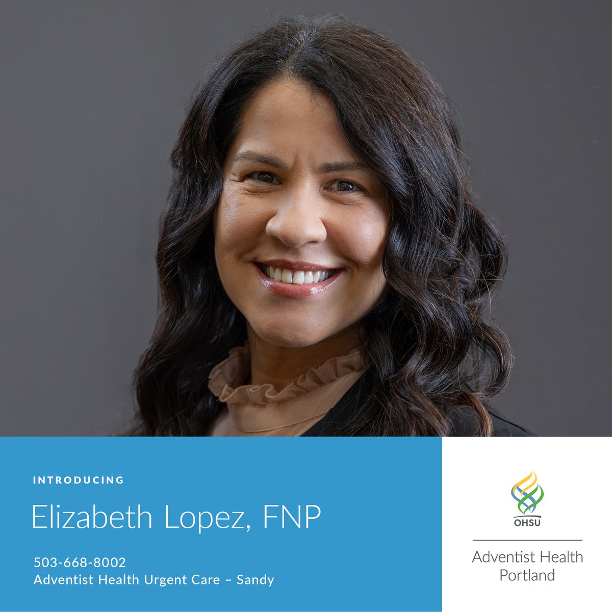 Elizabeth Lopez, FNP, specializes in emergency medicine and family practice. “I enjoy helping those who are in need and helping them feel heard and cared for,” she says. Elizabeth sees patients at Adventist Health Urgent Care - Sandy. Learn more: spr.ly/6011ZFW0v