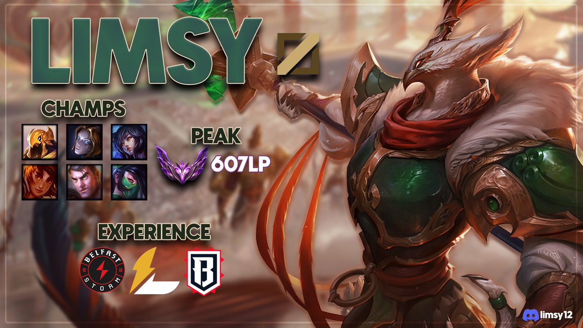 After spending Autumn split with Belfast Storm, I'm looking for a new team to call home. 

Looking for Div 3/Div 2 opportunities but open to all offers.  3+ years competitive experience and UK based.

References - <a href="/SamaFreeze/">Sama</a> 

lolpros.gg/player/limsy