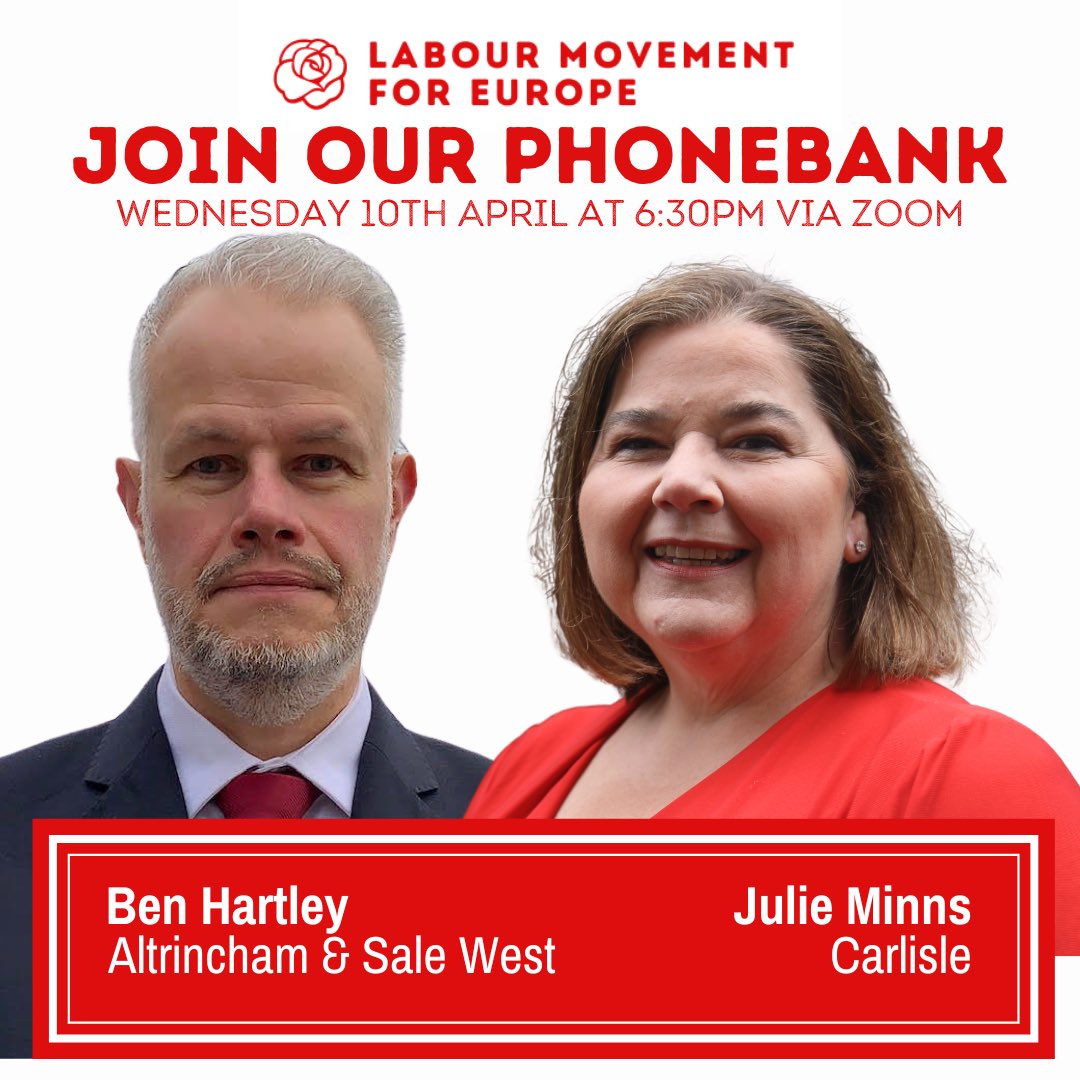 Join us and two of our LME candidates @Ben4AltSaleWest and Julie Minns @carlisle_labour to be MPs on Wednesday 10th April between 6:30-7:30pm for a phonebank to support them in the coming General Election. Register here: us02web.zoom.us/meeting/regist…