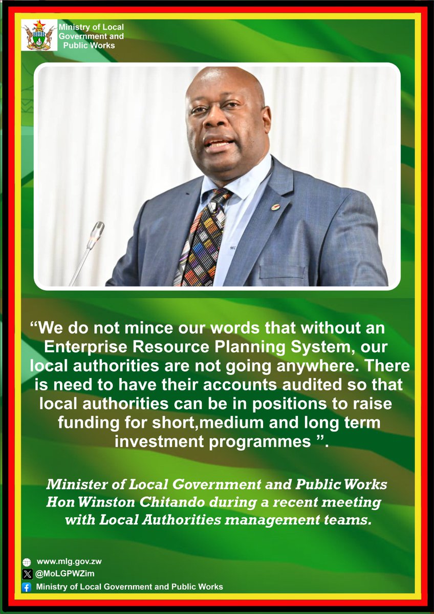 MoLGPWZim's tweet photo. Call2Action in MOTION
ERP (Enterprise Resource Planning Systems) and Audited Accounts are key to Resource Planning and Utilisation; and Resource Mobilisation for Local Authorities @basera_john @HeraldZimbabwe @ZBCNewsonline @InfoMinZW
#NoCompromise2ServiceDelivery https://t.co/czuvnIHdeU