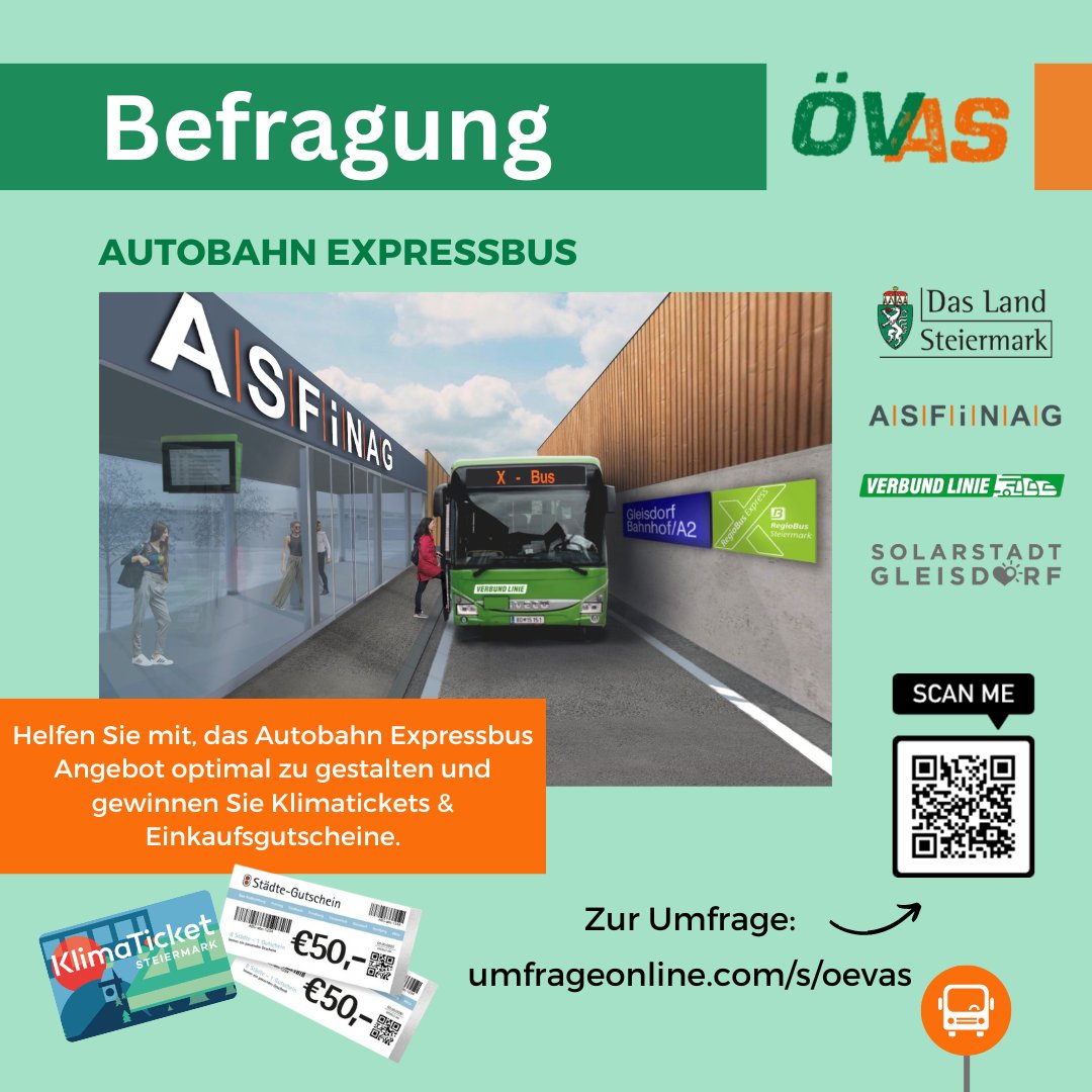 🚌 Werden Sie Teil unserer Vision für eine schnelle und kostengünstige #Öffi-Verbindung über die Autobahn und gestalten Sie durch unsere Mobilitätsbefragung das Autobahn-Expressbus-Angebot mit. 🛣️🚍

👉umfrageonline.com/s/oevas

#Mobilität #Steiermark #ÖVAS #XBUS