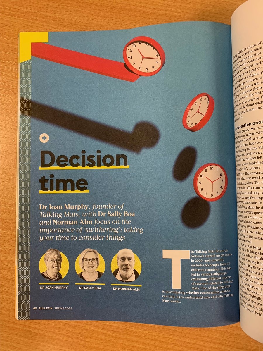 Delighted to be featured in the latest issue of the @RCSLT Bulletin on person-centred care, with a wonderful article by @BoaSally @normanalm and Dr Joan Murphy. Let us know your thoughts!📚⏰ #rcslt #talkingmats #swithering #personcentred