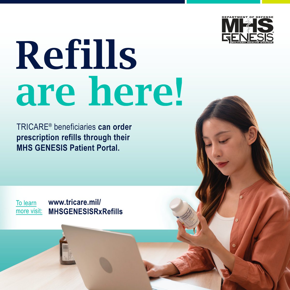 Refilling prescriptions at military pharmacies is easier than ever! The MHS GENESIS Patient Portal lets you view, refill, and check the status of your prescriptions. Learn more about these features at: tricare.mil/MHSGENESISRxRe…