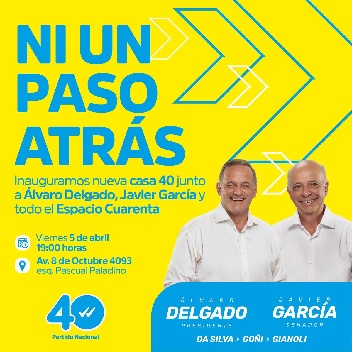 Mañana a las 19:00 hrs inauguramos una nueva #Casa40 junto a @JavierGarcia_Uy y @AlvaroDelgadoUy #NiUnPasoAtras