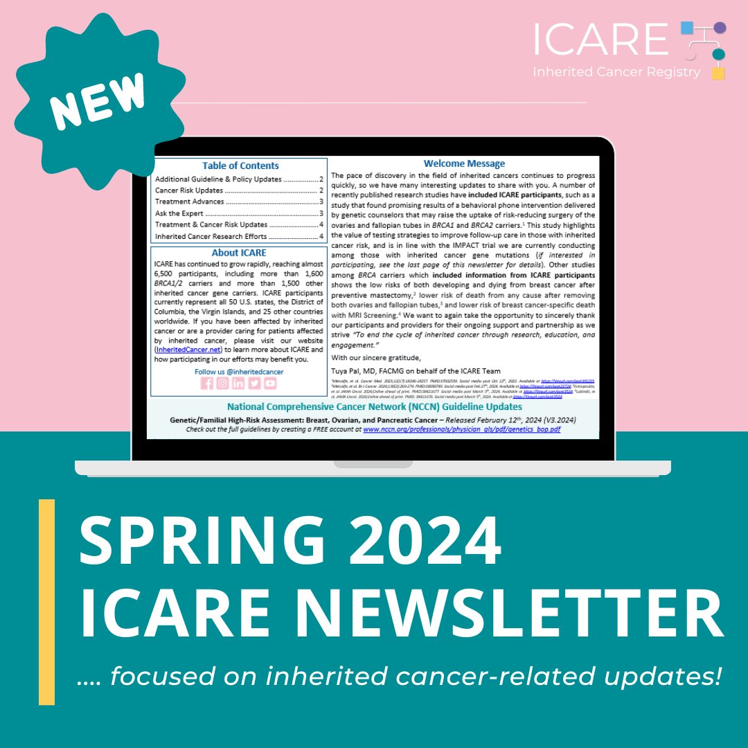 The ICARE Spring 2024 Newsletter is now available! Check it out for recent #inheritedcancer risk & guideline updates, treatment advances, and a Q&A about HRT in BRCA carriers after preventive oophorectomy with Ronald D. Alvarez, MD, MBA. Read & download ↓ inheritedcancer.net/newsletters/