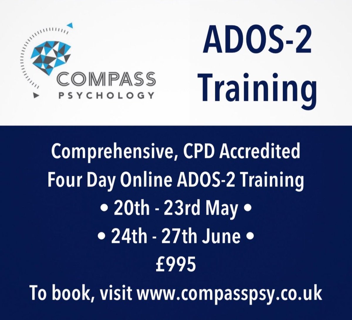 Comprehensive, CPD Accredited Four Day Online ADOS-2 Training: £995

• 20th - 23rd May 2024 •
• 24th - 27th June 2024 •

For more information / to book, visit: compasspsy.co.uk/ados2-training/