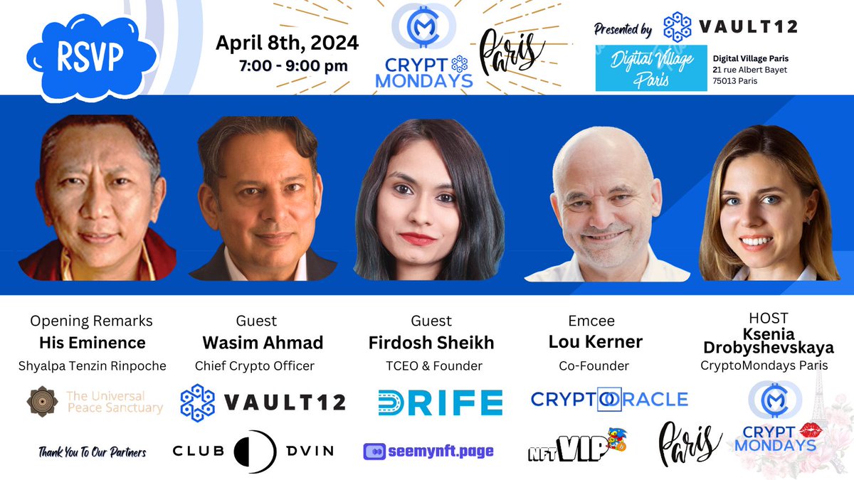 Who's headed to #ParisBlockchainWeek @ParisBlockWeek ? We have another great @CryptoMondaysNY in Paris !!! Thank you @vault12 @Drife_official @clubdvin @seemynft @CryptoOracle_ @loukerner @wasima @Firdosh_Drife RSVP to attend meetup.com/cryptomondays-…