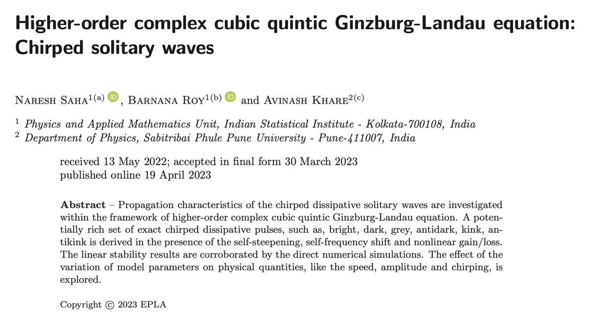 Higher-order complex cubic quintic Ginzburg-Landau equation: Chirped solitary waves by Naresh Saha, Barnana Roy and Avinash Khare - @ISIKolkata @UnivOfPune 👉 vu.fr/eRysR