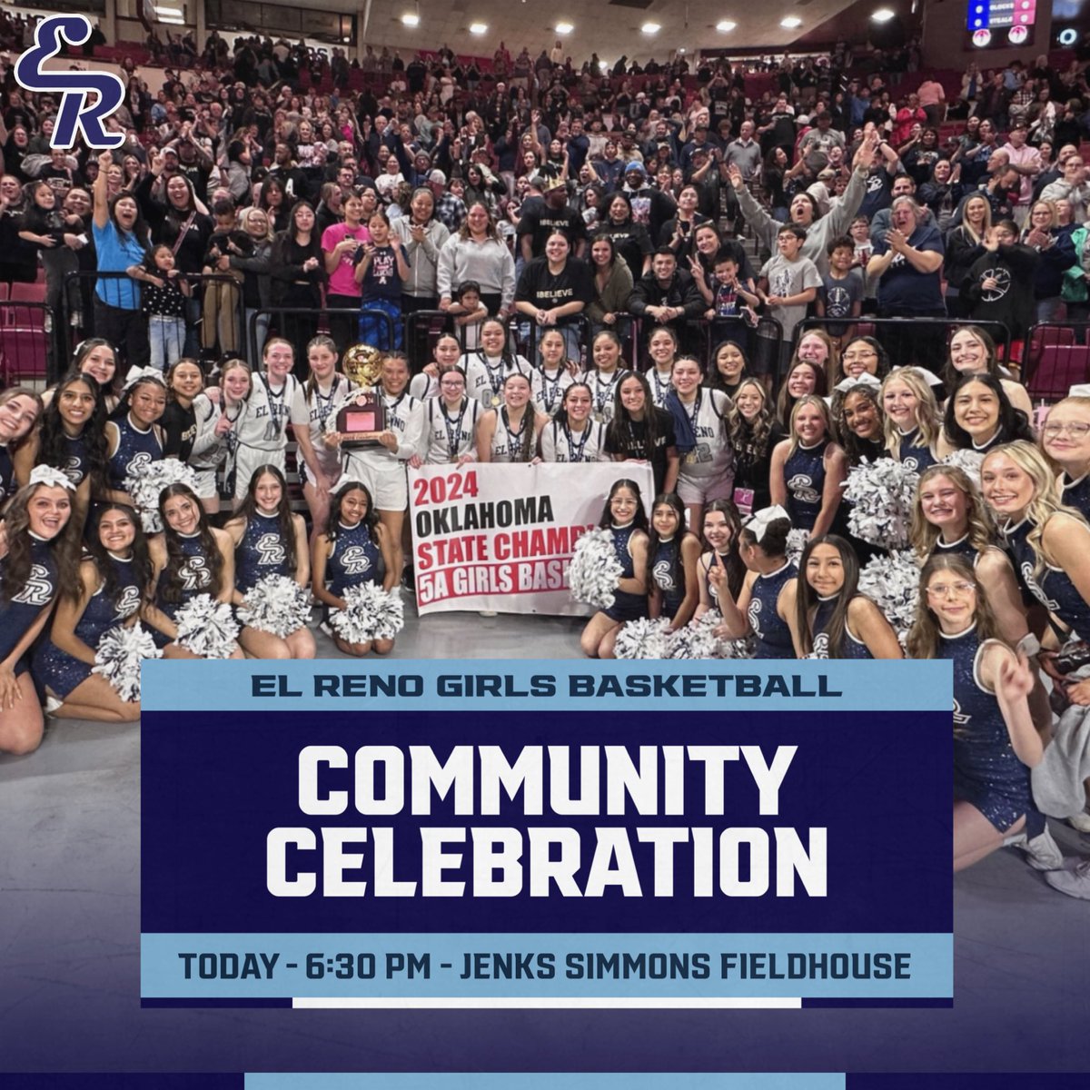 IT’S CELEBRATION DAY!!!!!!!! 🏆 OSSAA 5A Girls Basketball State Champions 🥳 Community Celebration ⏰ Livestream @ 6:00 pm, Ceremony @ 6:30 pm 📍 Jenks Simmons Fieldhouse 📺 elrenoindians.tv? #Goddid #statechamps #celebration