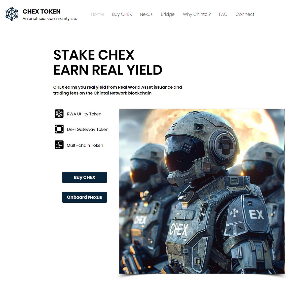 SonicAgamemnon's tweet image. Our $CHEX community is proud to release its new website, a primary source for information about #RWA, $CHEX, @ChintaiNexus and @ChintaiNetwork 

chextoken.com