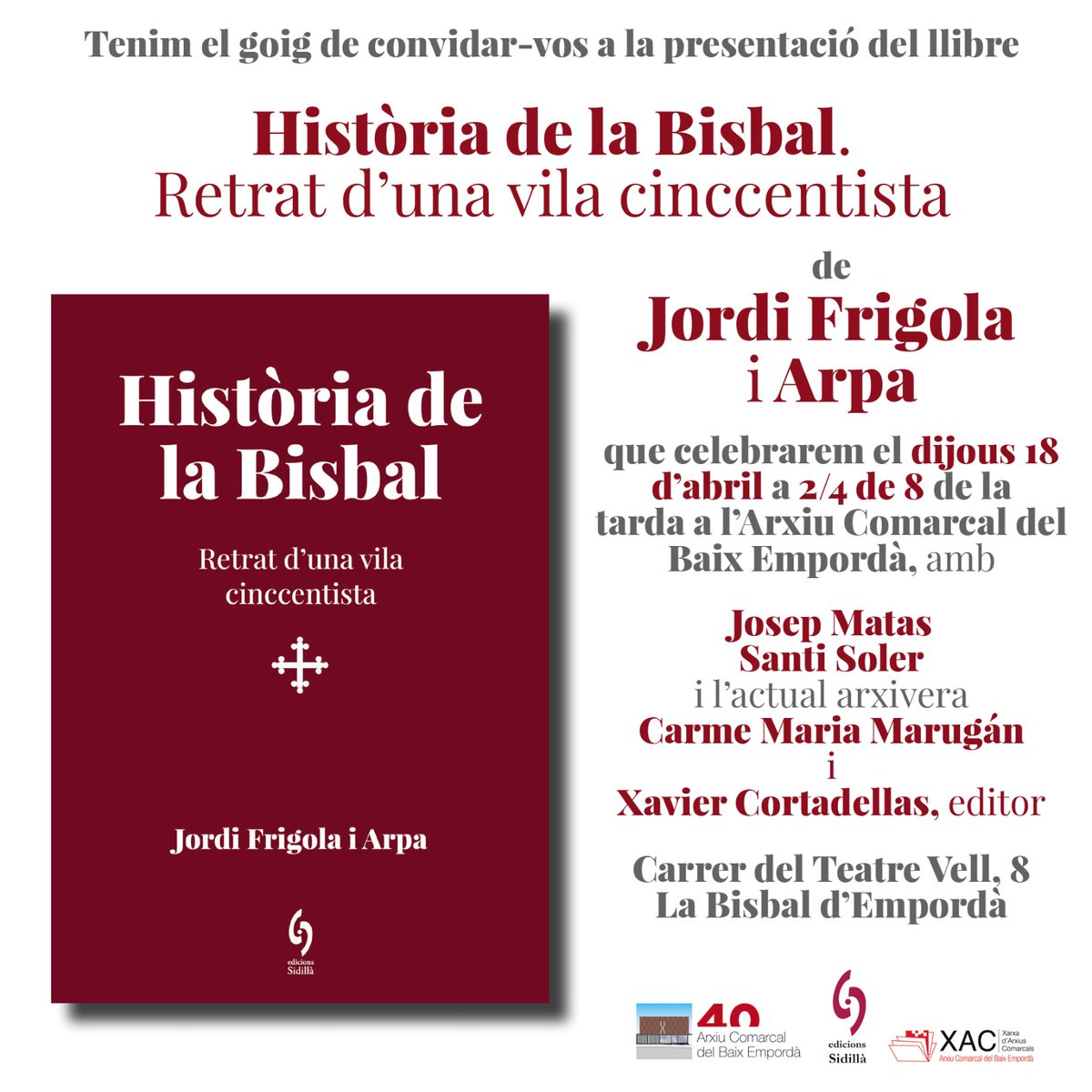 Presentació del llibre "Història de la Bisbal. Retrat d'una vila cinccentista" de Jordi Frigola a l'Arxiu Comarcal del Baix Empordà <a href="/patrimonigencat/">Patrimoni</a> #XAC
Amb <a href="/JosepMatas/">Josep Matas</a> <a href="/SantiSolerSimon/">Santi Soler Simon</a> Carme M. Marugán i <a href="/XCortadellas/">Xavier Cortadellas</a> <a href="/SidillaEdicions/">Edicions Sidillà</a>