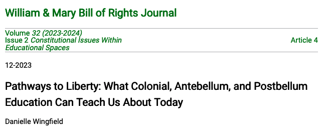 Richmond Law (@urlawschool) on Twitter photo Prof. Danielle Wingfield's (<a href="/dcwing_/">Danielle Wingfield</a>) latest article, "Pathways to Liberty," published in the William & Mary Bill of Rights Journal (<a href="/WMBORJ/">William & Mary Bill of Rights Journal</a>) excavates history and explores the role of education in shaping our past and present. scholarship.law.wm.edu/wmborj/vol32/i… Prof. Danielle Wingfield's (<a href="/dcwing_/">Danielle Wingfield</a>) latest article, "Pathways to Liberty," published in the William & Mary Bill of Rights Journal (<a href="/WMBORJ/">William & Mary Bill of Rights Journal</a>) excavates history and explores the role of education in shaping our past and present. scholarship.law.wm.edu/wmborj/vol32/i…