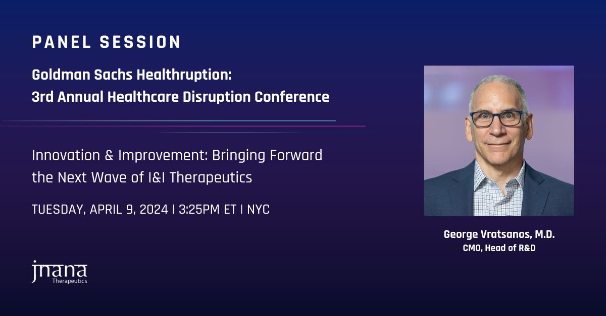 CMO George Vratsanos, MD, will participate in a panel on “Innovation & Improvement: Bringing Forward the Next Wave of I&I Therapeutics” at the @GoldmanSachs Healthruption: 3rd Annual Healthcare Disruption Conference on April 9. #immunology #biotech