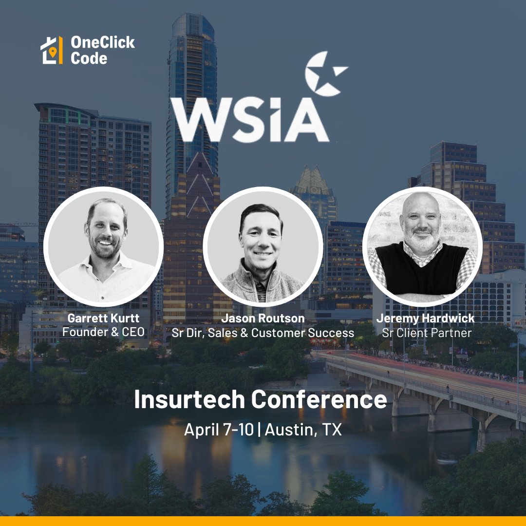 oneclickcode's tweet image. Join us at the WSIA Insurtech Conference in Austin, TX, from April 7-10, 2024! 
Jeremy Hardwick, Jason Routson, and Garrett Kurtt from @oneclickcode will be there!
#wsia2024 #insurance #insurtech #roofing #claims #underwriting