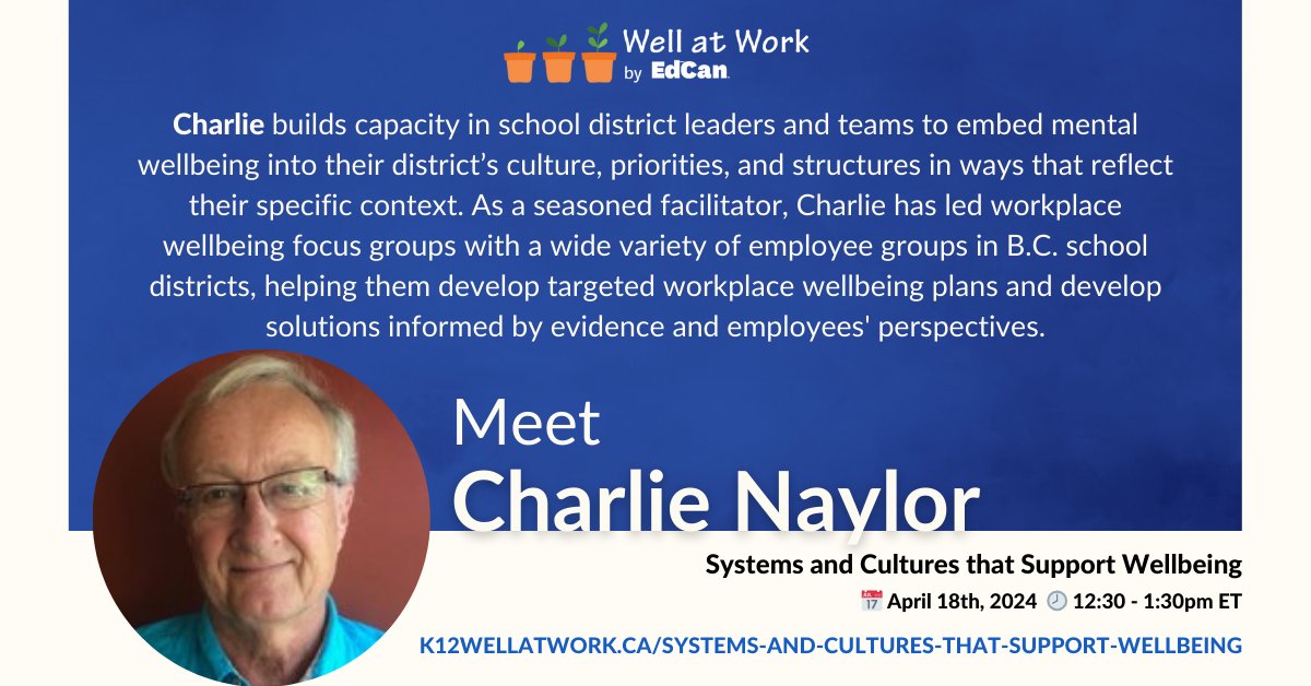 Join Charlie Naylor on April 18th as he leads the #WellatWork mini-workshop 'Systems and Cultures that Support Wellbeing', ideal for superintendents: ow.ly/9CqK50QX7VN Learn more about the facilitator: ow.ly/okXc50QX7VP