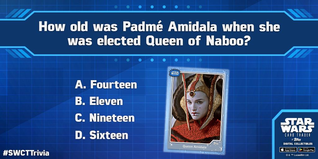 How old was Padmé Amidala when she was elected Queen of Naboo? Reply with your answer & in-app username for a chance to be one of this week’s #SWCTTrivia winners!