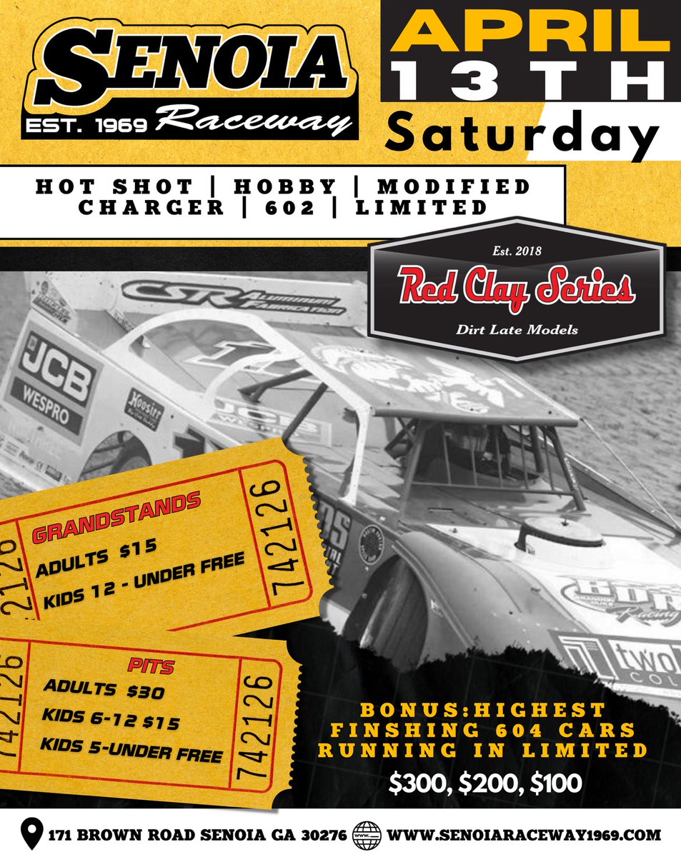 Upcoming event at Senoia Raceway - April 13th: 602 Red Clay Series Classes: Hot Shot, Hobby, Modified, Charger, 602, Limited (non points event for local divisions) Bonus: Highest Finishing 604 cars running in Limited ($300, $200, $100) Full Schedule to come!