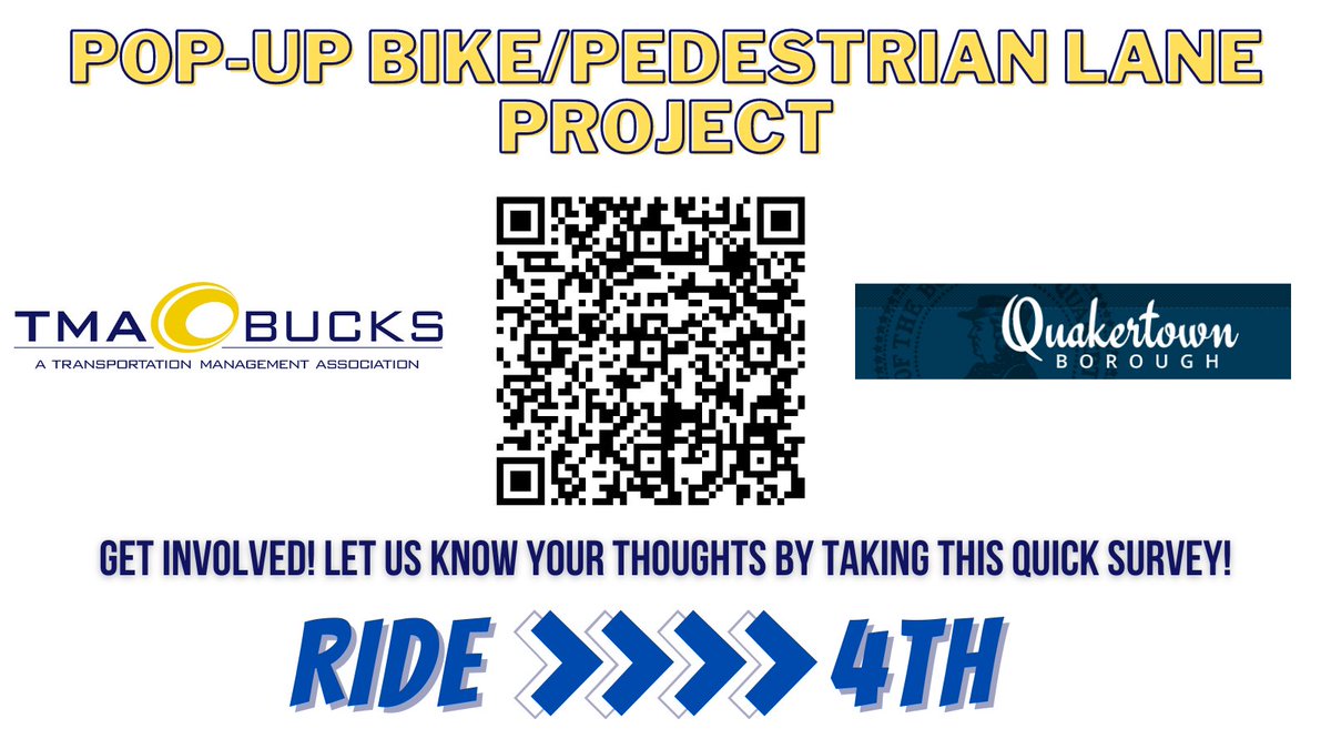 We have partnered with <a href="/Quakertown_Boro/">Quakertown Borough</a> to install a bike/pedestrian demonstration lane on 4th Street! We need you to get involved if you are bicyclist, walker/runner, trail user or outdoor enthusiast by taking a survey! tmabucks.com/quakertown-bor…

<a href="/bikeworkspa/">Bike Works</a> | <a href="/BikingTheRegion/">BCGP Biking The Region</a>
