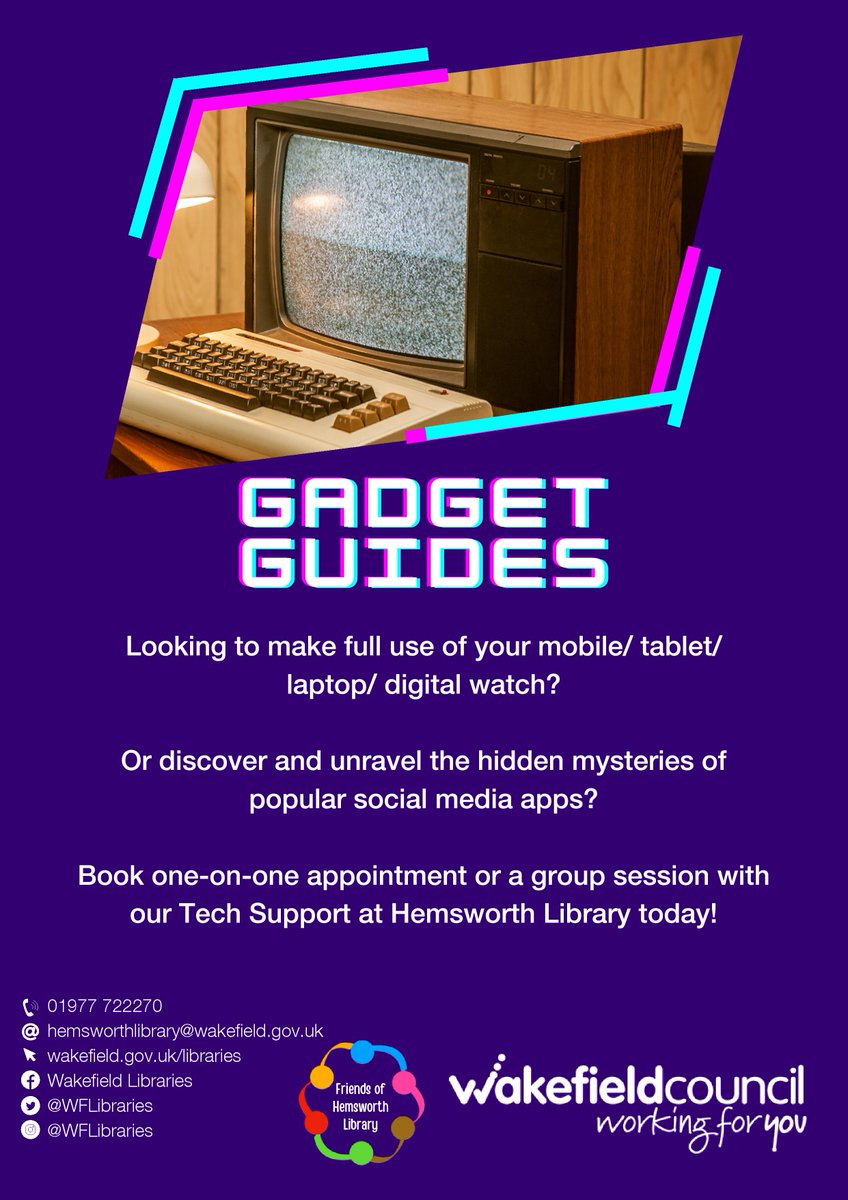 WFlibraries's tweet image. 📴Come to #HemsworthLibrary for our tech support group!
They can assist with the use of smartphones, laptops, smart watches, social media and so much more!
Contact library to make appointment:
☎️01977 722 270
💻hemsworthlibrary@wakefield.gov.uk

@mywakefield @HemsworthTC